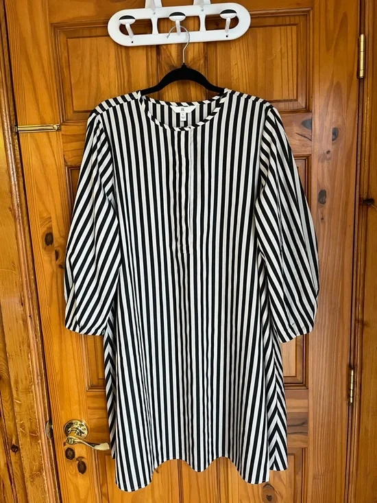 Striped Black and White Lantern-Sleeve Dress - Picture 2 of 4